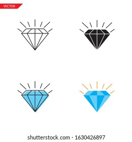 Simple diamond icon on white background 4 types such as outline, black, color, outline and color. Vector illustration.