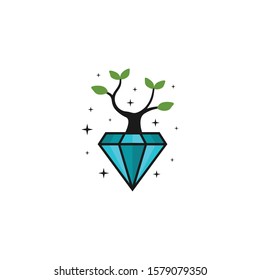 Simple Diamond logo vector with nature tree silhouette icon. shining and bright look glamour, luxury, premium, trendy. Modern vintage style flat design. for supplier and producer, apply to web, mobile
