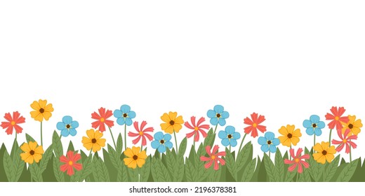 Simple different colored flowers bed with green grass and leaves vector illustration on white background