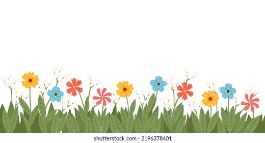 Simple different colored flowers bed with green grass and leaves vector illustration on white background