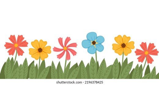 Simple different colored flowers bed with green grass and leaves vector illustration on white background