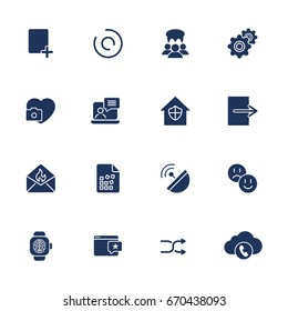 Simple different icons: PBX, cloud, IT, smart watch, satellite, file, heart, gear and other. Blue icons on white background