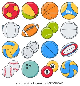 Simple different sport balls in different colors vector illustration, various sport ball vector set, soccer ball, tennis, rugby, bowling ball, perfect for sport project needed