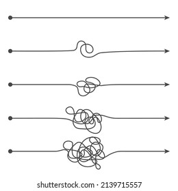 Simple and difficult way arrows. Hard start. Gradual situation unraveling. Path trajectory. Initial and final points. Straight or tangled lines. Untangled threads. Vector