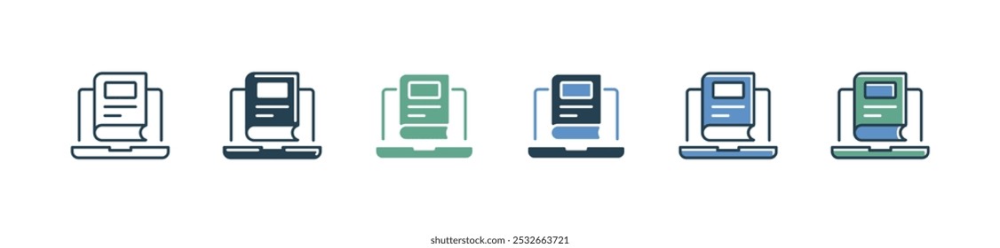 Libro digital simple con el icono de la computadora portátil establecido Curso en línea Ilustración vectorial de educación de aprendizaje