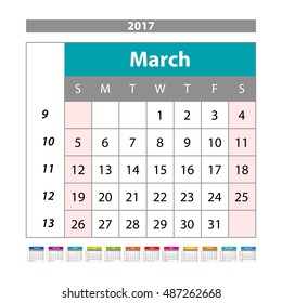 Simple digital calendar for March 2017. Vector printable calendar. Monthly scheduler. Week starts on Sunday. English art