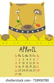Simple digital cute dog calendar for April 2018. Vector printable calendar.Week starts on Sunday. English calendar