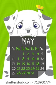 Simple digital dog calendar for May 2018. Vector printable calendar.Week starts on Sunday. English calendar