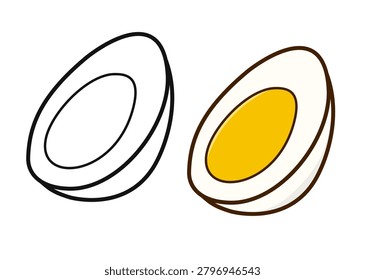 A simple digital drawing of a hard-boiled egg cut in half, featuring a black-and-white outline next to a colored version with a bright yellow yolk and white albumen