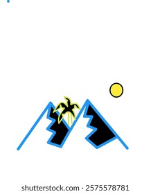 A simple digital drawing of a mountain range with a palm tree in the middle. The mountains are outlined in blue and filled in black. There is a yellow sun in the top right corner.