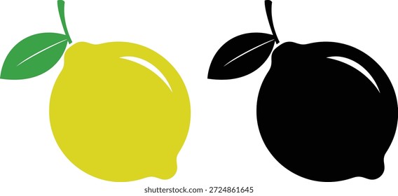 Eine einfache digitale Illustration mit einer gelben Frucht mit einem grünen Blatt und einer schwarzen Frucht mit einem schwarzen Blatt nebeneinander auf weißem Hintergrund.