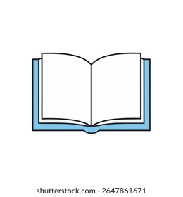 Simple digital illustration of an open book with a blue cover and white pages, symbolizing reading, education, literature, and knowledge on a plain white background