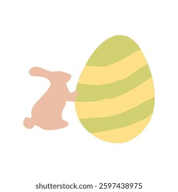 A simple digital illustration of a pastel-colored Easter bunny pushing a large striped egg, symbolizing Easter celebrations and springtime joy. Vector illustration