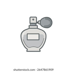 Simple digital illustration of a perfume bottle with a rounded shape, rectangular label, and spray nozzle with bulb on top, set on a white background