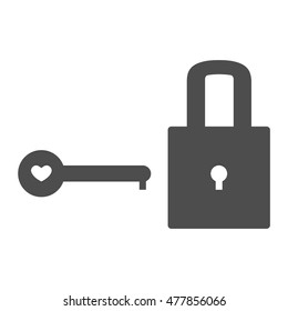 Simple digital illustration of a set of a pad lock and a key with a heart-shaped hold in the handle side in vector eps 10 format