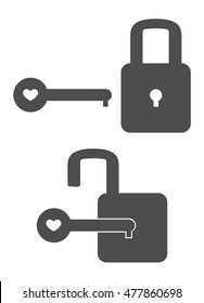 Simple digital illustration of a set of a pad lock and a key with a heart-shaped hold in the handle side in vector eps 10 format