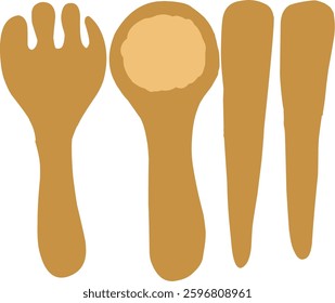 A simple digital illustration of wooden Cutlery, including a fork, spoon, and chopstick 