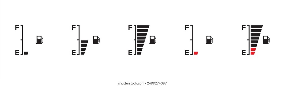 Einfache digitale Anzeige des Kraftstoffs des Fahrzeugs, Einfache Menge voller und leerer Symbole der Gas- und Kraftstoffzähler, Kraftstoffpumpendüse Symbol, Gasöl Benzin Tank Vektorgrafik auf transparentem Hintergrund. EPS10