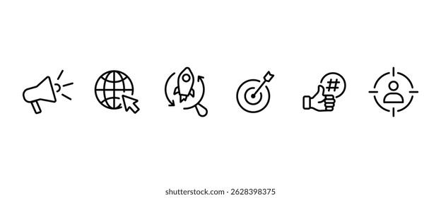 Simple Digital marketing icon set. Containing marketing, online advertising, objective, seo, social media and target icons. Vector illustration in transparent background. Business icon set. Editable