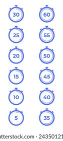 A simple digital stopwatch icon from one hour to 5 minutes. Digital modern stopwatch with indication.