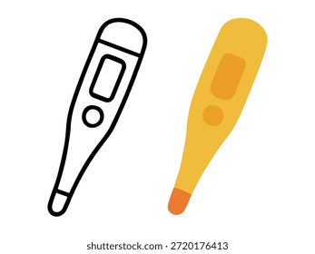 Simple digital thermometer illustration with a colored version and an outline version, clean and minimal style suitable for icons, UI design, stickers, medical graphics, and educational materials.
