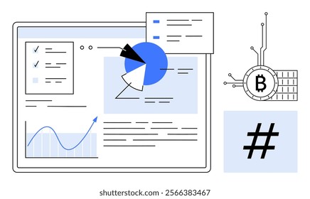 Simple digital workspace with charts, graphs, checklists, cryptocurrency symbol, and technology icon. Ideal for data analysis, finance, cryptocurrency, technology innovation, and business strategy