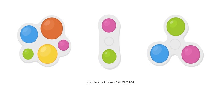 Simple dimple. Isolated antistress toys. Fidget sensory toy pop it. Colorful Silicone bubbles. Trendy keychain simple dimple of various shapes to relieve stress. Vector illustration on white.