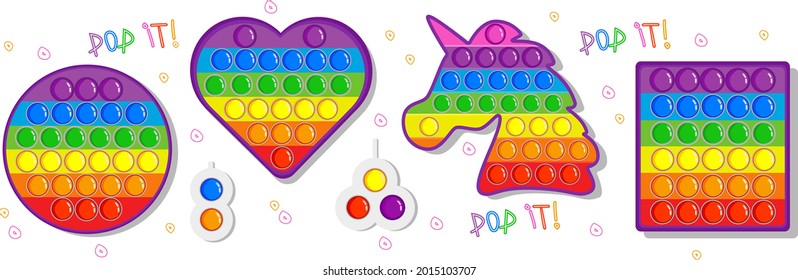 Simple Dimple. A set of popular pop toys in rainbow colors and a simple handmade toy with dimples. Anti-stress, relaxing. Illustration on a white background.