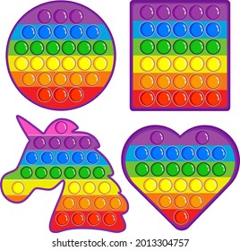 Simple Dimple spinner in square shape, heart shape, unicorn shape and round shape. A set of popular pop toys in rainbow colors and a simple handmade toy with dimples. Relaxing. Pop it, unicorn.