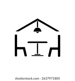 Simple dining room icon. Table, chairs and chandelier in line style. Interior design, floor plan, restaurant, cafe