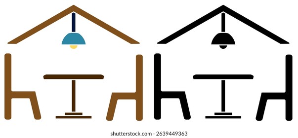 Simple dining room icon. Table, chairs and chandelier in line style. Interior design, floor plan, restaurant, cafe