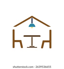 Simple dining room icon. Table, chairs and chandelier in line style. Interior design, floor plan, restaurant, cafe