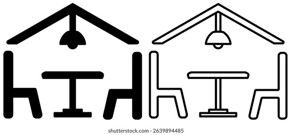 Simple dining room icon. Table, chairs and chandelier in line style. Interior design, floor plan, restaurant, cafe