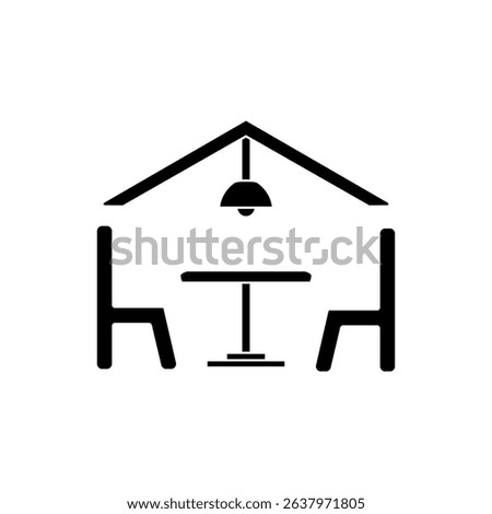 Simple dining room icon. Table, chairs and chandelier in line style. Interior design, floor plan, restaurant, cafe