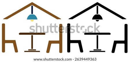 Simple dining room icon. Table, chairs and chandelier in line style. Interior design, floor plan, restaurant, cafe