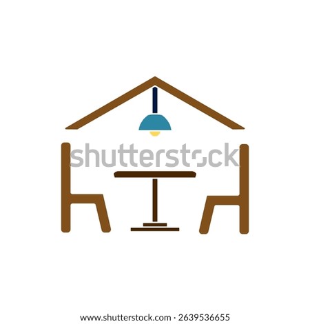 Simple dining room icon. Table, chairs and chandelier in line style. Interior design, floor plan, restaurant, cafe