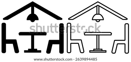 Simple dining room icon. Table, chairs and chandelier in line style. Interior design, floor plan, restaurant, cafe
