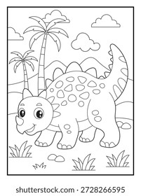 Folha de colorir de dinossauro simples para crianças. Ilustração Dino Minimalista com Vulcão e Nuvens para Artes e Ofícios Pré-escolares. Personagem desenhado à mão para crianças.