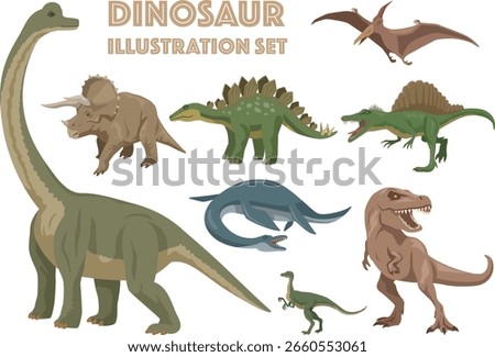 Simple dinosaur illustration set (elasmosaurus, compsognathus, stegosaurus, spinosaurus, tyrannosaurus, triceratops, pteranodon, brachiosaurus)