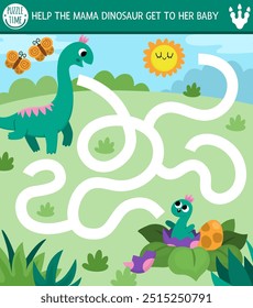 Simple dinosaur maze for kids with cute animals and ancient world landscape. Square prehistoric preschool printable activity. Dino land labyrinth game, puzzle. Help brachiosaur get to his baby