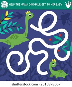 Simple dinosaur maze for kids with cute animals and ancient world landscape. Square prehistoric preschool printable activity. Dino land labyrinth game, puzzle. Help plesiosaur get to his baby
