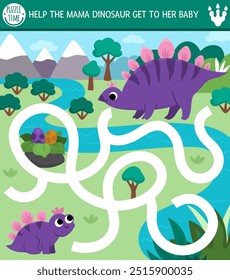 Simple dinosaur maze for kids with cute animals and ancient world landscape. Square prehistoric preschool printable activity. Dino land labyrinth game, puzzle. Help stegosaur get to his baby
