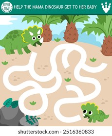 Simple dinosaur maze for kids with cute animals and ancient world landscape. Square prehistoric preschool printable activity. Dino land labyrinth game, puzzle. triceratops get to his baby
