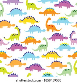 Simple dinosaur pattern. Cute colored dinosaurs. White background. Vector texture. Bright fashionable print for Wallpaper and textiles.