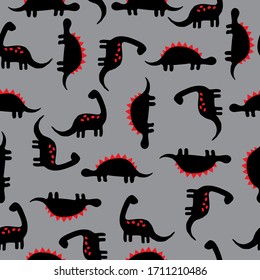 Simple dinosaur pattern. Grey background, cute black dinosaurs. The print is well suited for textiles, Wallpaper and packaging.