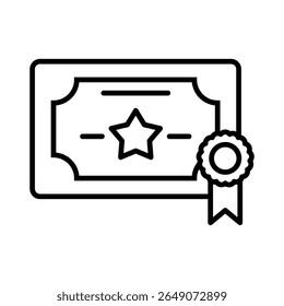 A simple diploma illustration in black line art featuring a star and rosette, conveying an achievement or award on a clean white background, suitable for educational or professional designs.