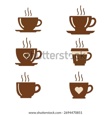 Simple and Direct Hot Coffee Cup Icons Vector Set, Steaming Tea Mugs with Heart and Saucer Illustrations