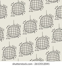 Simple Disco ball seamless pattern. Dance mirror party ball background. Vector sketch wallpaper