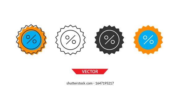 Einfaches Rabattsymbol auf weißem Hintergrund 4 Typen wie Umriss, Schwarz, Farbe, Umriss und Farbe. Vektorillustration.