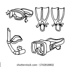 simple diving equipment set, breathing tube, mask & rubber fins for underwater swimming, vector illustration with black ink contour lines isolated on white background in doodle and hand drawn style